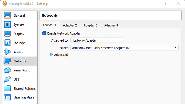 metasploitable host-only network settings