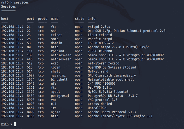 list of metasploitable 2 ports and services